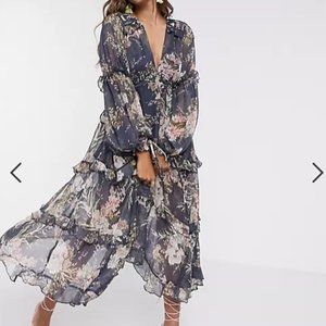 ASOS pleated layered tiered midi dress in navy floral print with lace trim
